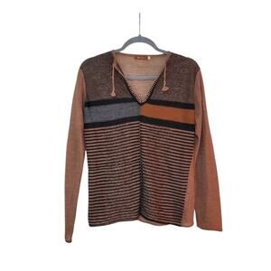 Striped V-Neck Sweater with Hood Detail - Brown